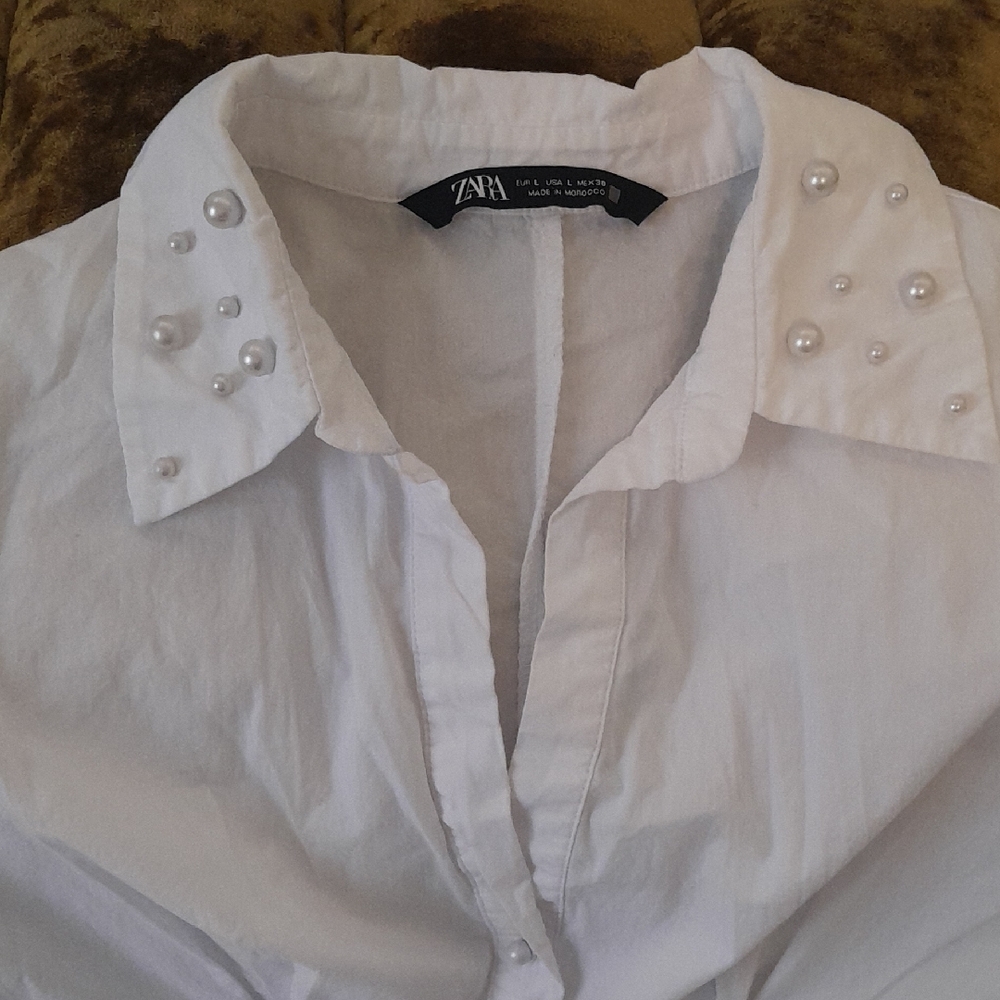 Zara White Pearl-Detail Collared Button Shirt Dress